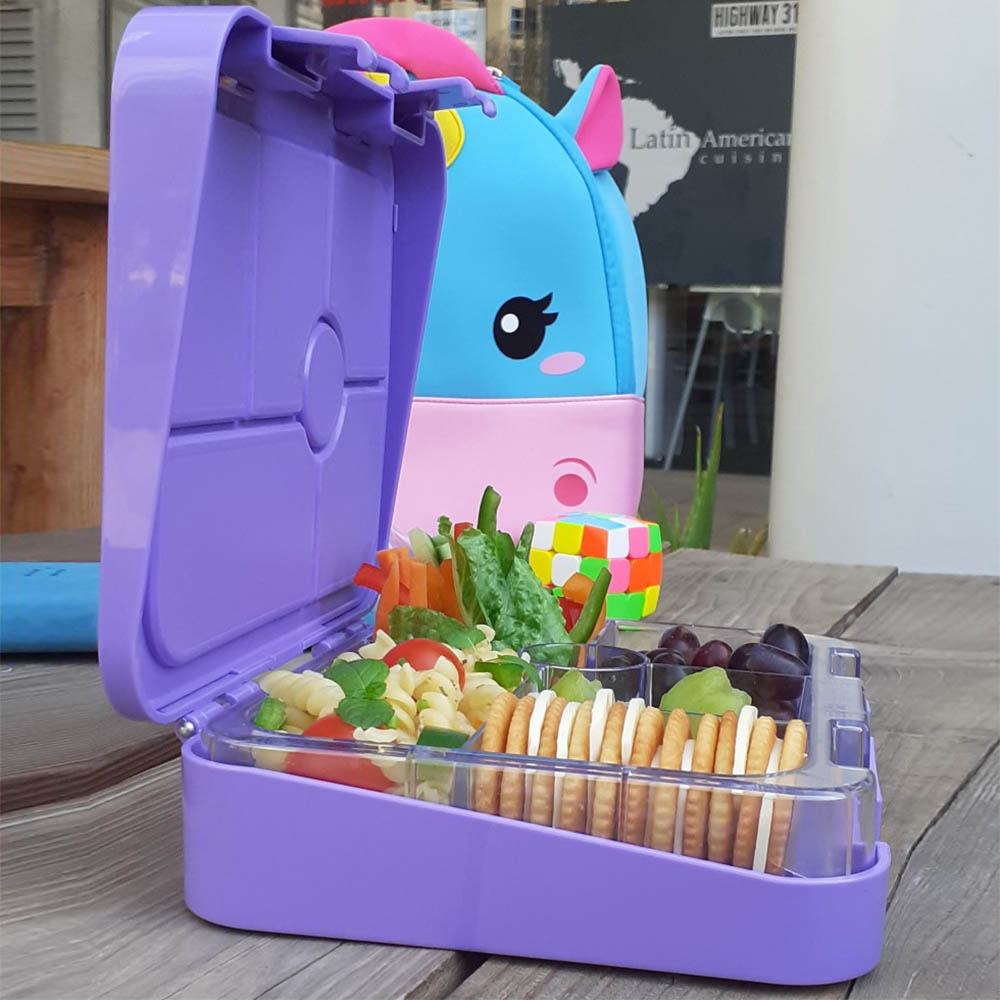 Eazy kids - Unicorn Purple 6 Compartment Bento Lunch Box with Lunch Bag - Grey