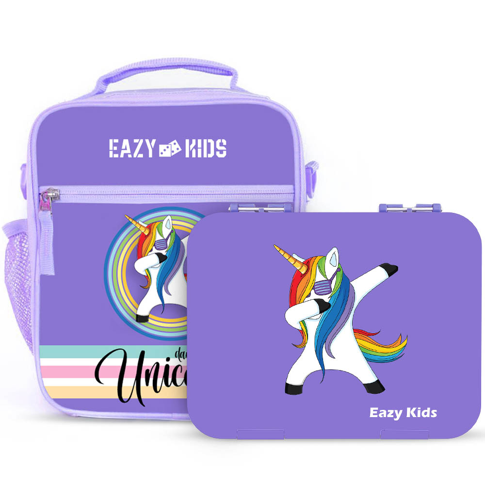 Eazy kids - Unicorn Purple 6 Compartment Bento Lunch Box with Lunch Bag - Grey