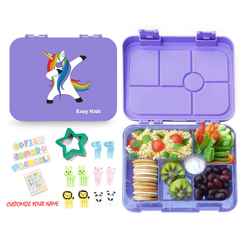 Eazy kids - Unicorn Purple 6 Compartment Bento Lunch Box with Lunch Bag - Grey