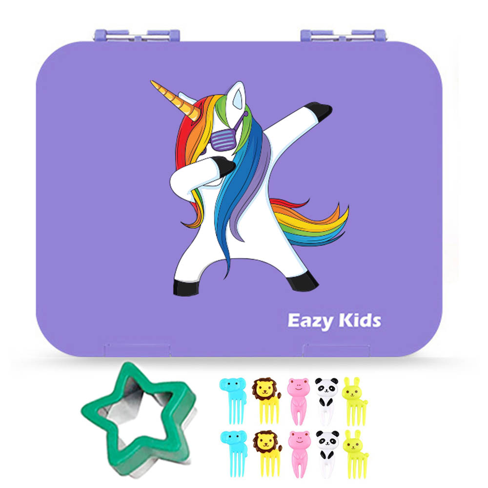 Eazy kids - Unicorn Purple 6 Compartment Bento Lunch Box with Lunch Bag - Grey