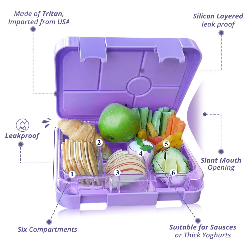 Eazy kids - Unicorn Purple 6 Compartment Bento Lunch Box with Lunch Bag - Grey