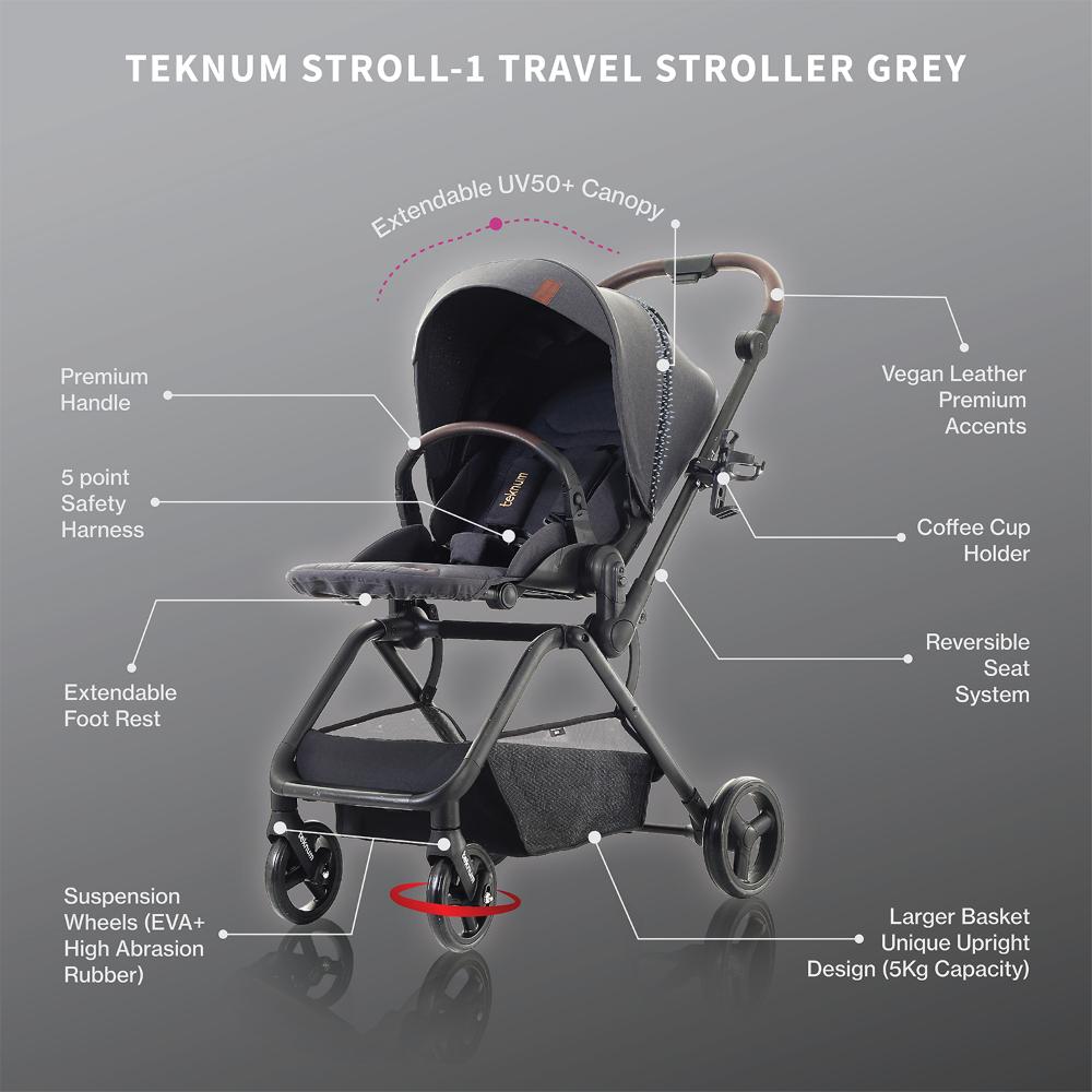 Teknum STROLL 1 Grey Travel System - Reversible Stroller & Compacto Baby Car Seat, Easy Fold, Multi-Recline, 0m+