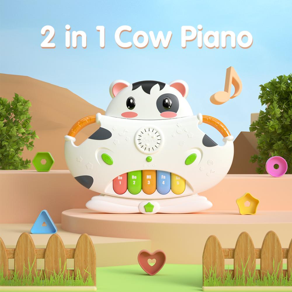 Tumama Kids - 2-in-1 Interactive Cow Piano With Shape Sorter