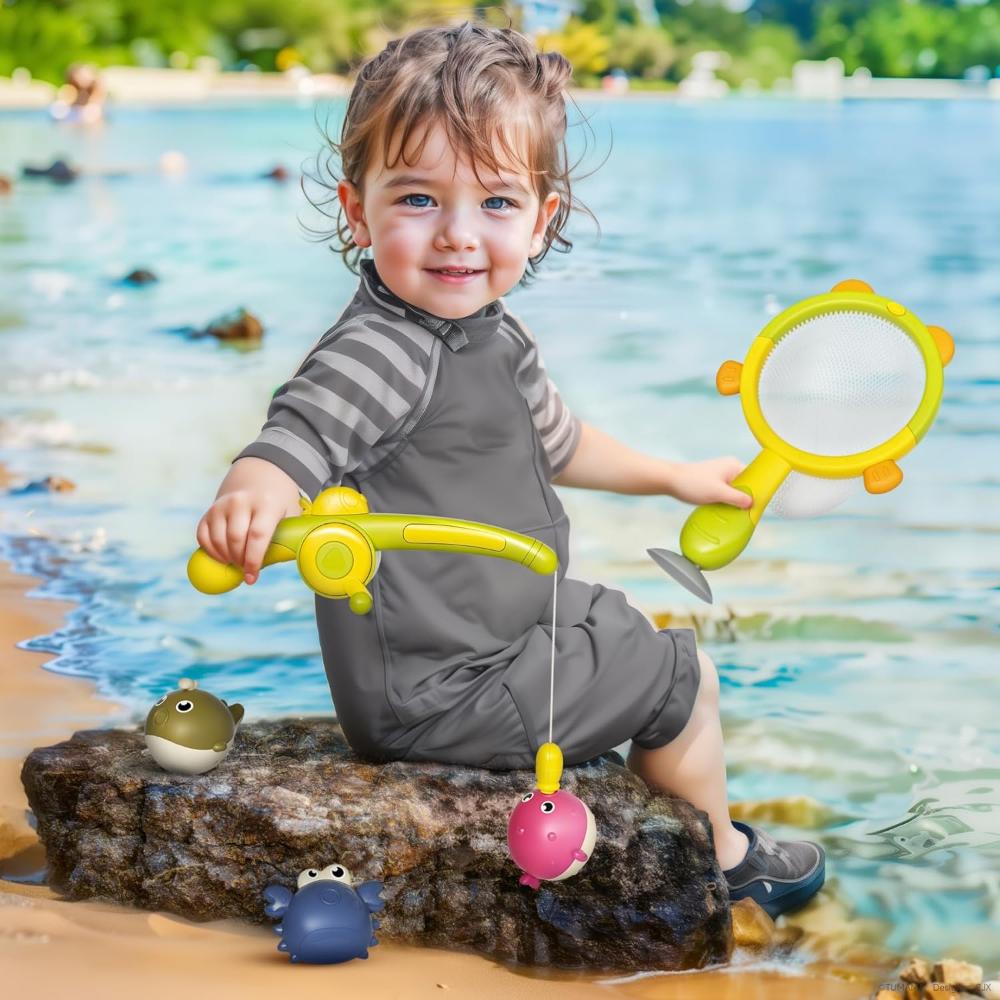 Tumama Kids - Magnetic Bath Fishing Toy Set W/Rod, Net & 3 Colorful Fish