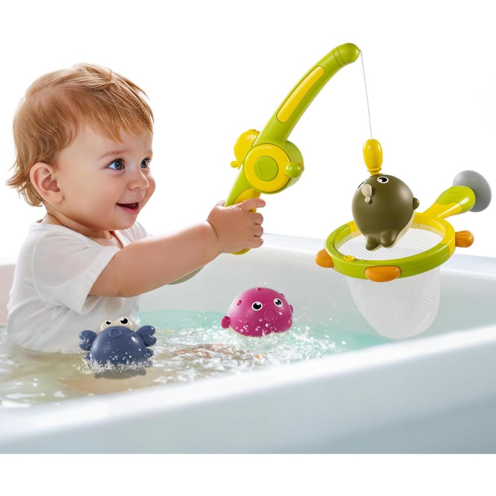 Tumama Kids - Magnetic Bath Fishing Toy Set W/Rod, Net & 3 Colorful Fish