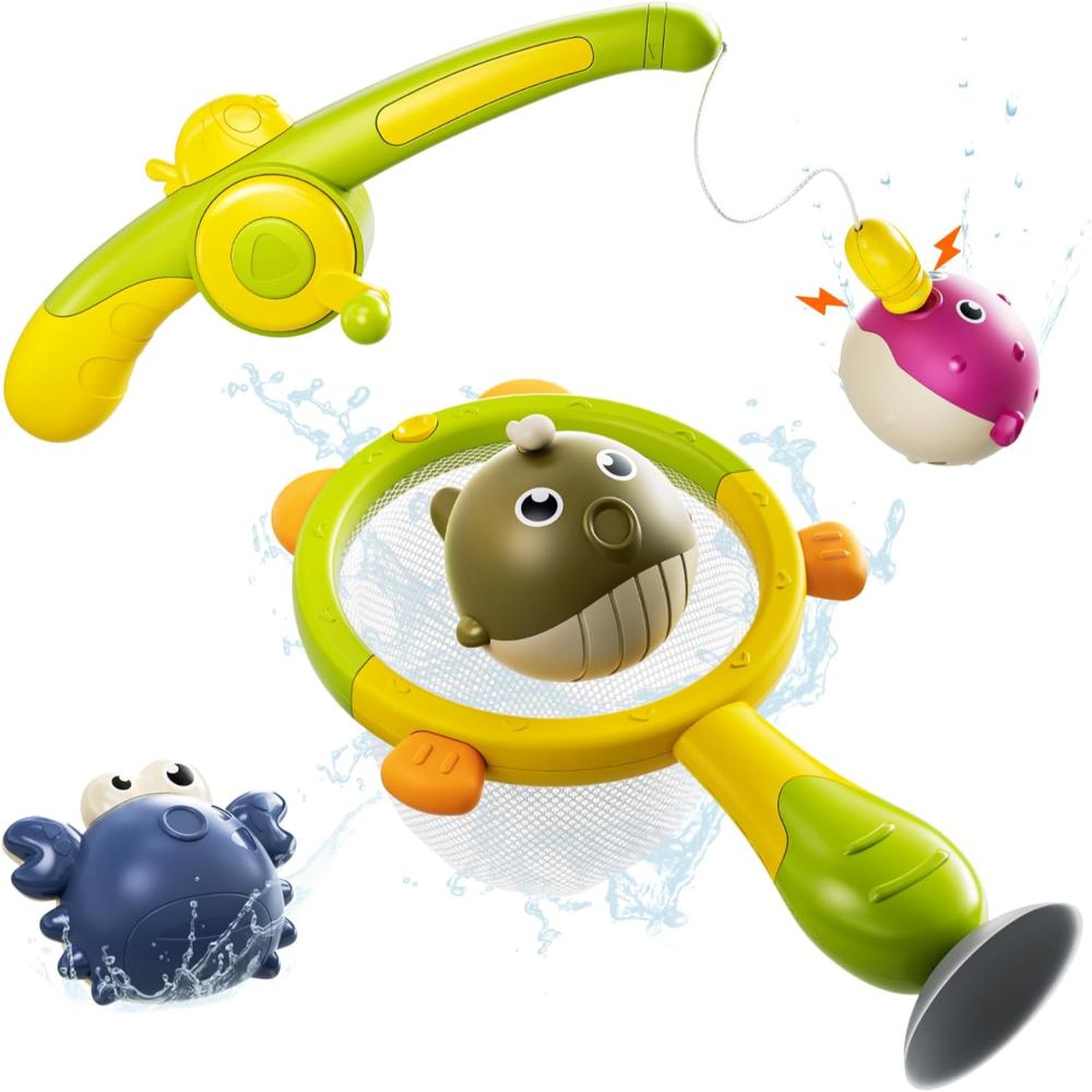Tumama Kids - Magnetic Bath Fishing Toy Set W/Rod, Net & 3 Colorful Fish