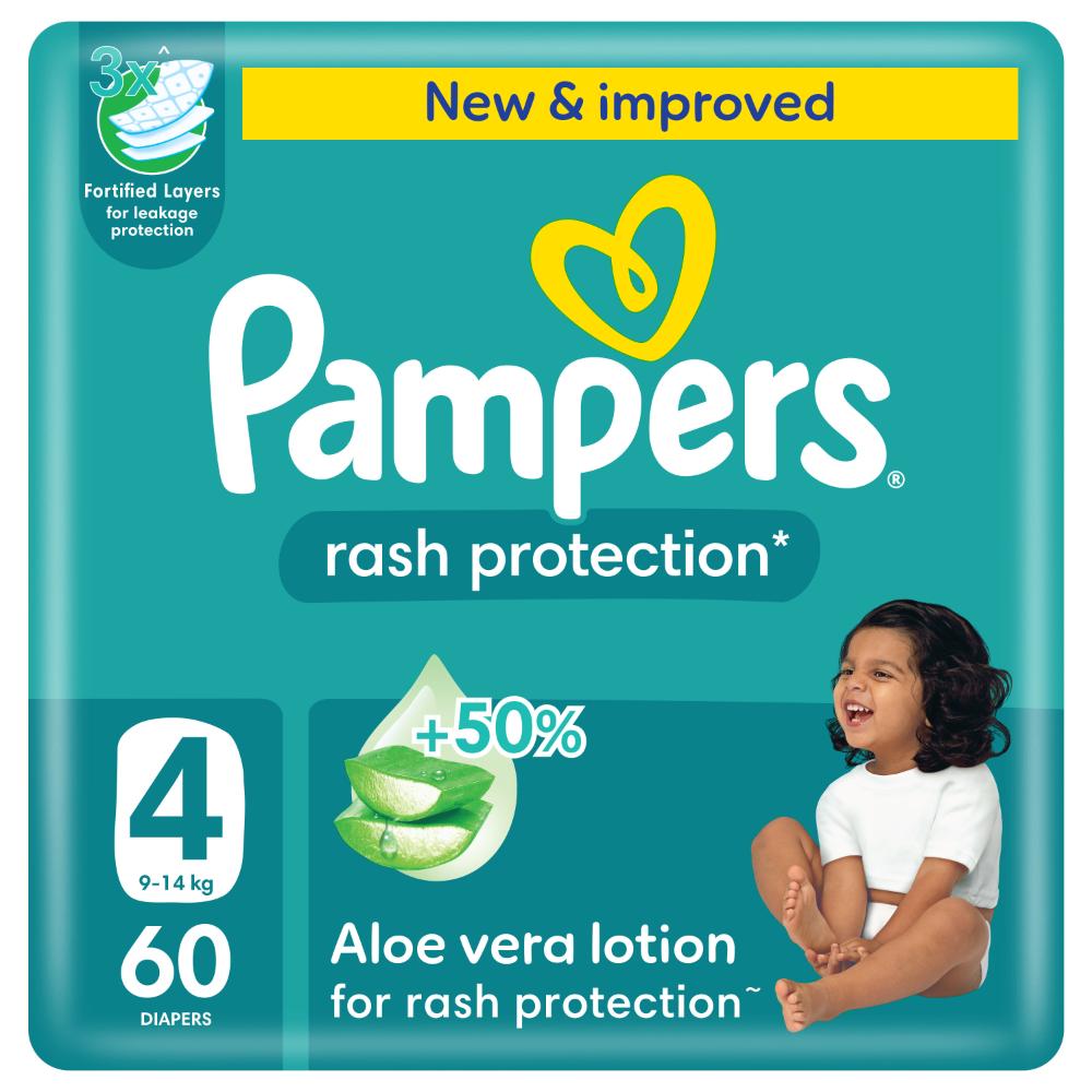 Pampers - Rash Protection Taped Diapers Mega Pack, Size 4 (3-8kg) - 60 Count