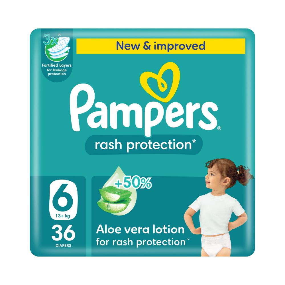 Pampers - Rash Protection Taped Diapers Mega Pack, Size 6 (13+kg) - 36 Count