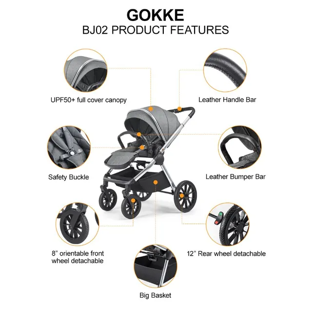 Gokke - Reversible Baby Stroller with 5 Point Safety Harness, Forward & Rear Facing, Height Adjustable Handlebar, 0-36 Months, Grey & Silver