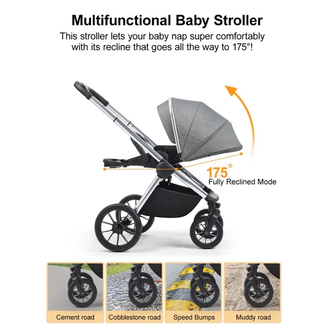 Gokke - Reversible Baby Stroller with 5 Point Safety Harness, Forward & Rear Facing, Height Adjustable Handlebar, 0-36 Months, Grey & Silver