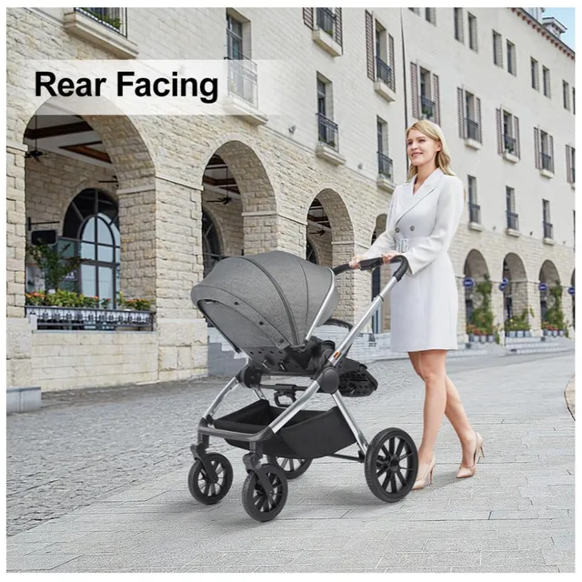 Gokke - Reversible Baby Stroller with 5 Point Safety Harness, Forward & Rear Facing, Height Adjustable Handlebar, 0-36 Months, Grey & Silver