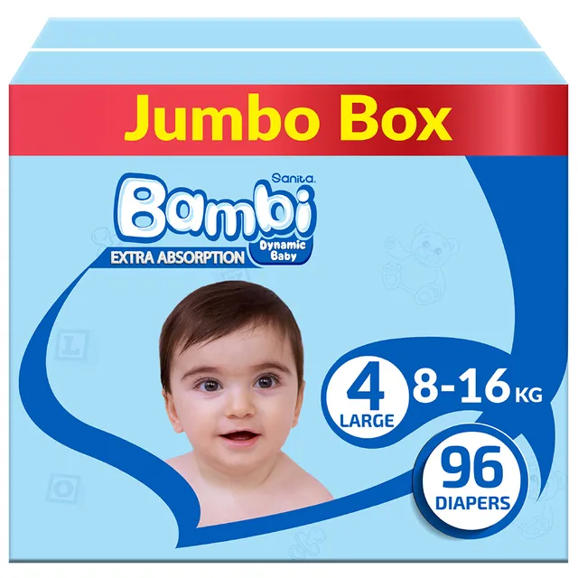 Sanita Bambi - Baby Diapers Jumbo Box Size 4, Large, 8-16 KG, 96 Count