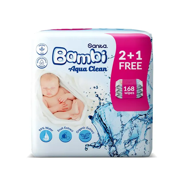 Sanita Bambi Baby Wet Wipes Aqua Clean (2+1) - 168 Wipes