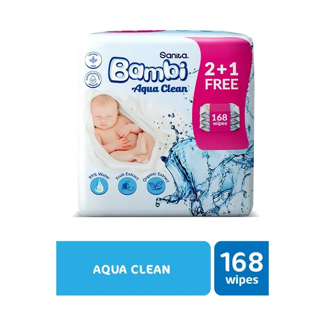 Sanita Bambi Baby Wet Wipes Aqua Clean (2+1) - 168 Wipes