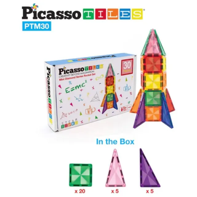 PicassoTiles Magnetic Mini Diamond Rocket Set - 30-Piece STEM Building Toy for Kids