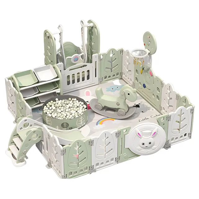 Myts - Playpen With Swing /slide/ Rocking Horse/ Basketball Hoop /ball Pit and Storage Cabinet for Kids - Green