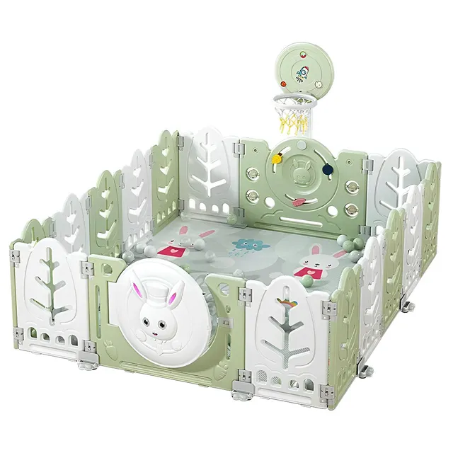 Myts - Playpen With Swing /slide/ Rocking Horse/ Basketball Hoop /ball Pit and Storage Cabinet for Kids - Green