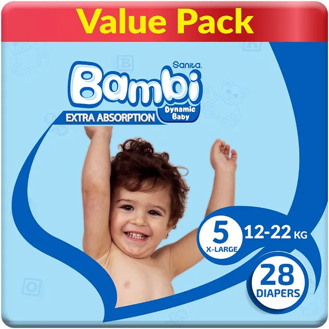 Sanita Bambi - Baby Diapers Value Pack Size 5, X-Large, 12-22 KG, 28 Count