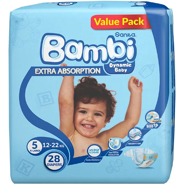 Sanita Bambi - Baby Diapers Value Pack Size 5, X-Large, 12-22 KG, 28 Count