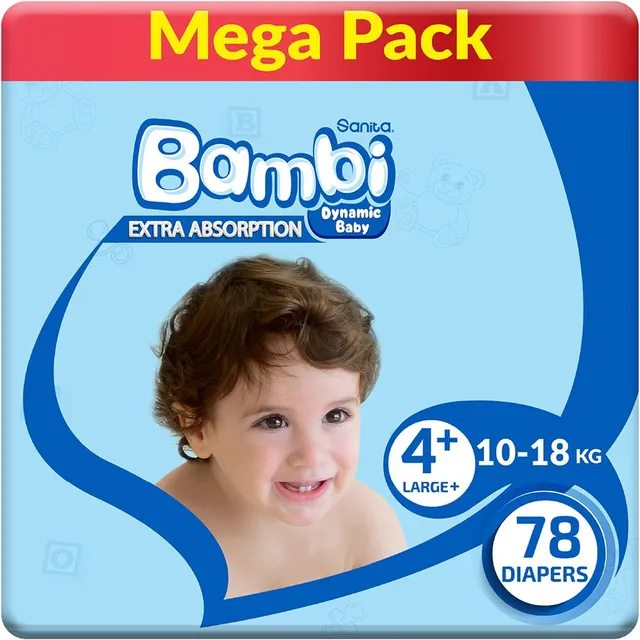 Sanita Bambi - Baby Diapers Mega Pack Size 4+, Large plus, 10-18 KG, 78 Count