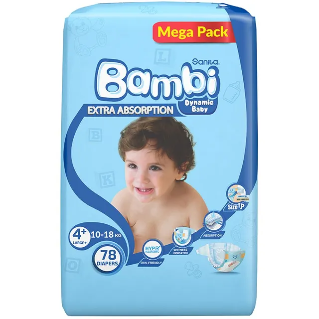 Sanita Bambi - Baby Diapers Mega Pack Size 4+, Large plus, 10-18 KG, 78 Count