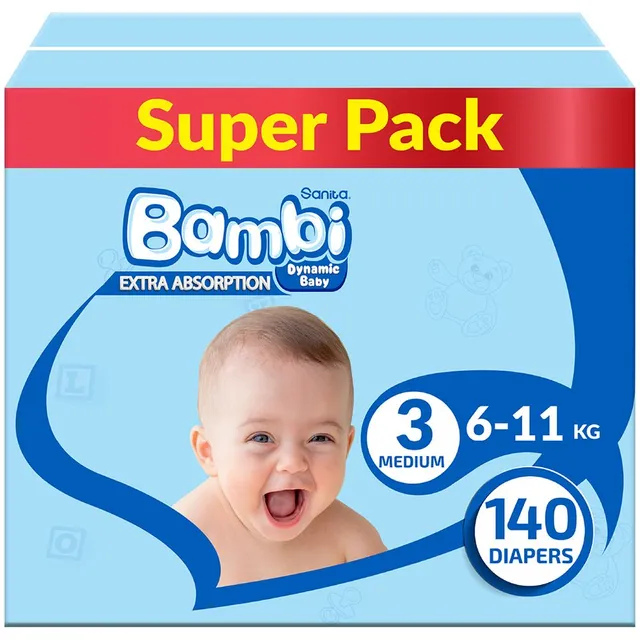 Sanita Bambi - Baby Diapers Super Pack Size 3, Medium, 6-11 KG, 140 Count