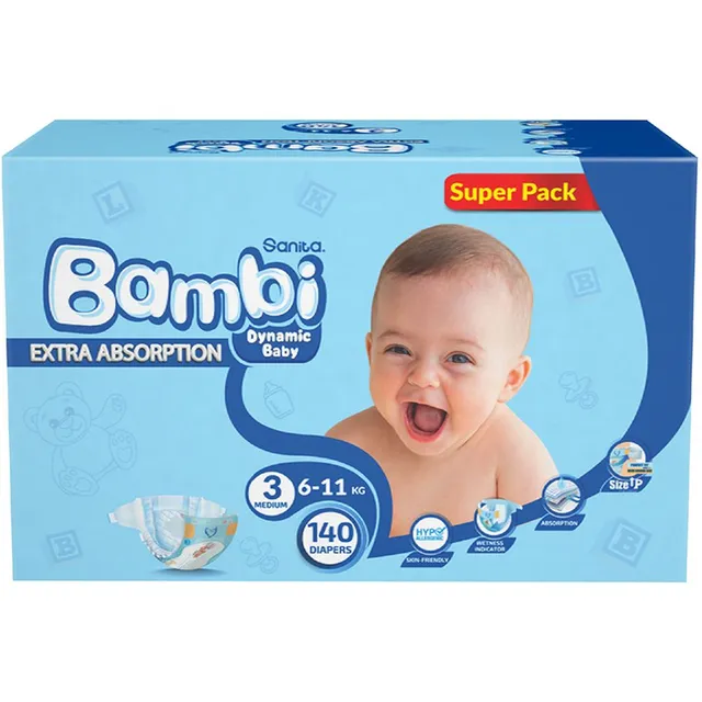Sanita Bambi - Baby Diapers Super Pack Size 3, Medium, 6-11 KG, 140 Count
