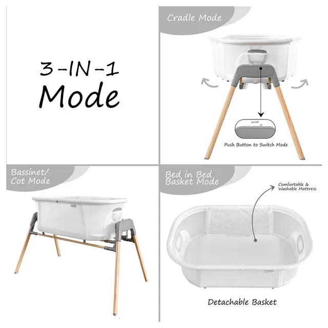 Teknum 3-IN-1 Baby Rocker Bassinet/ Infant Crib w/ Mosquito net - White