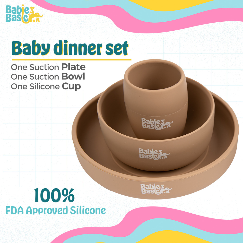 Babies Basic - Silicone Plate, Bowl and Cup- Cream