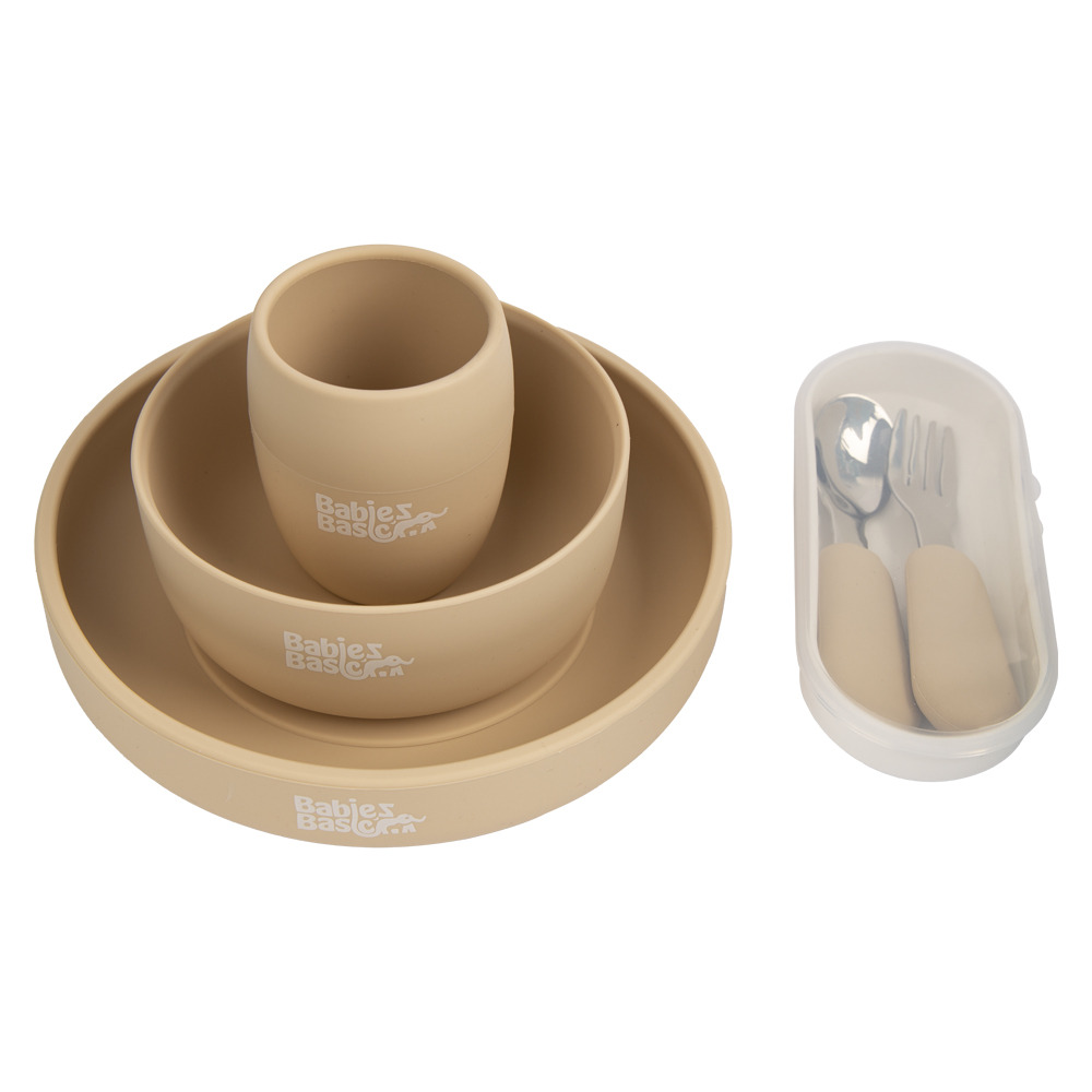 Babies Basic - Silicone plate, bowl, cup and stainless steel cutlery with case - 5Pcs- Beige