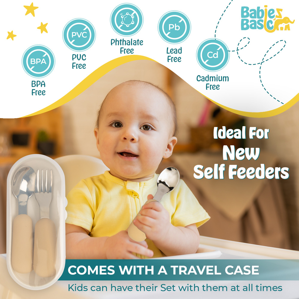 Babies Basic - Silicone plate, bowl, cup and stainless steel cutlery with case - 5Pcs- Beige