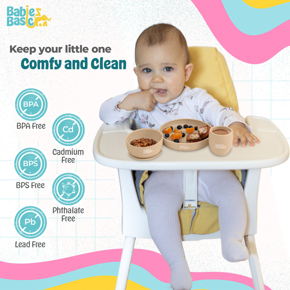 Babies Basic - Silicone plate, bowl, cup and stainless steel cutlery with case - 5Pcs- Beige