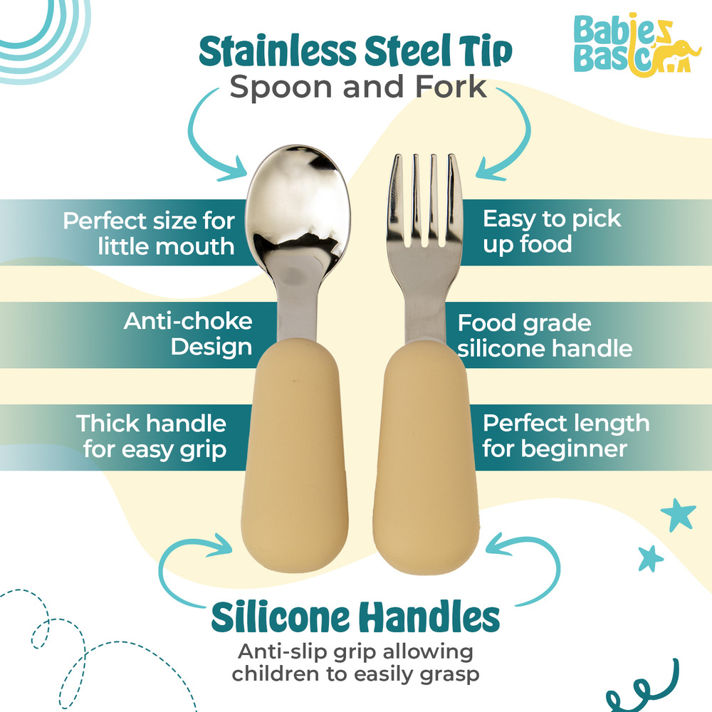 Babies Basic - Silicone plate, bowl, cup and stainless steel cutlery with case - 5Pcs- Beige