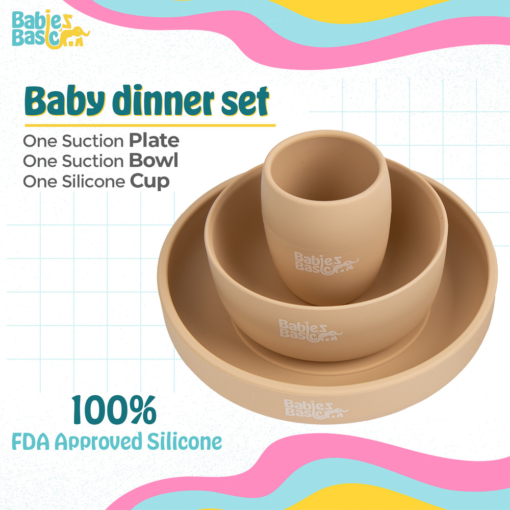 Babies Basic - Silicone plate, bowl, cup and stainless steel cutlery with case - 5Pcs- Beige