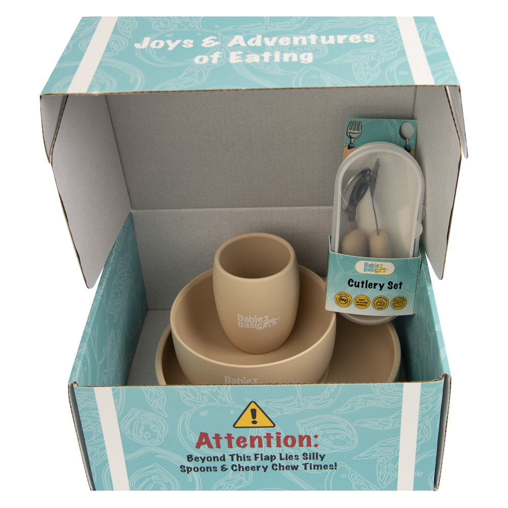 Babies Basic - Silicone plate, bowl, cup and stainless steel cutlery with case - 5Pcs- Beige