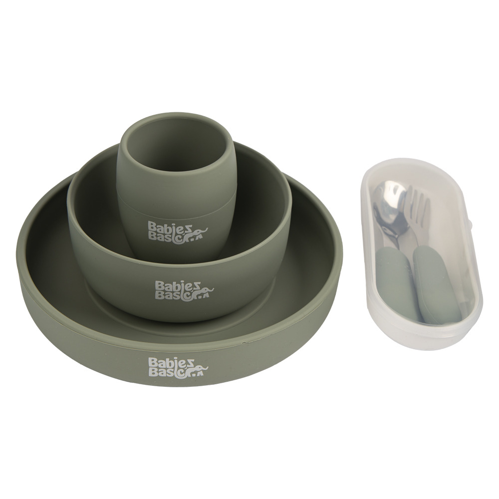 Babies Basic - Silicone plate, bowl, cup and stainless steel cutlery with case - 5Pcs- Green