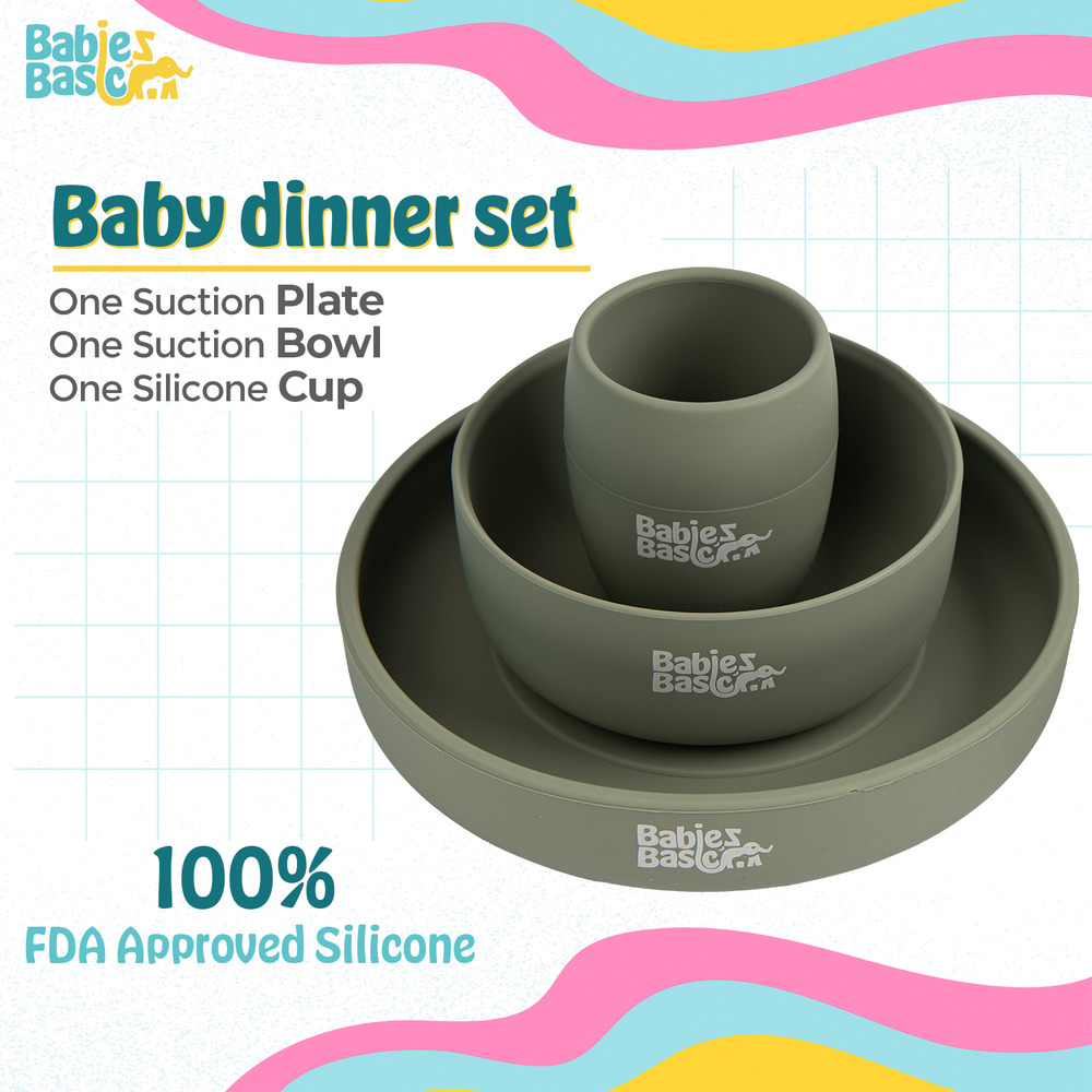 Babies Basic - Silicone plate, bowl, cup and stainless steel cutlery with case - 5Pcs- Green