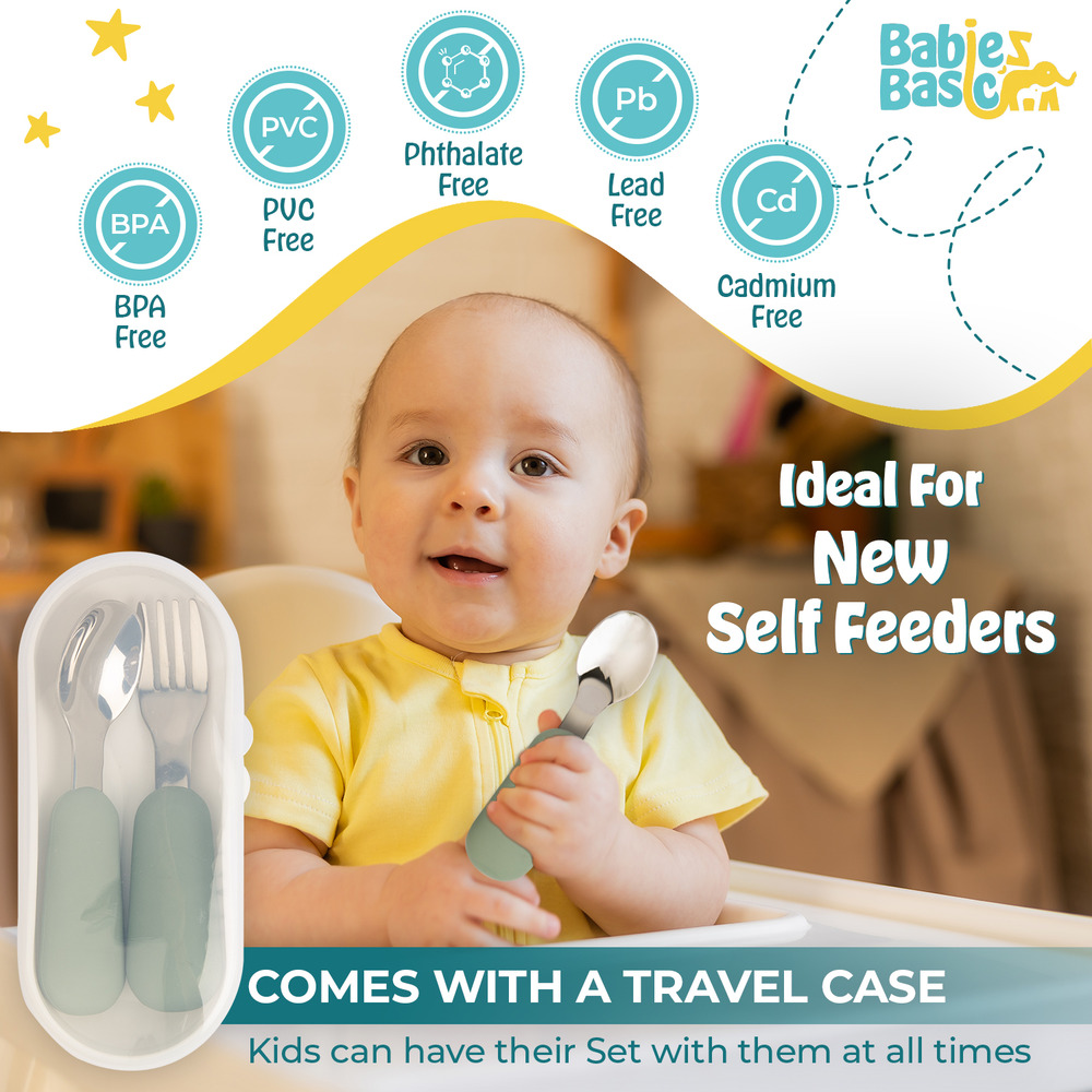 Babies Basic - Silicone plate, bowl, cup and stainless steel cutlery with case - 5Pcs- Green