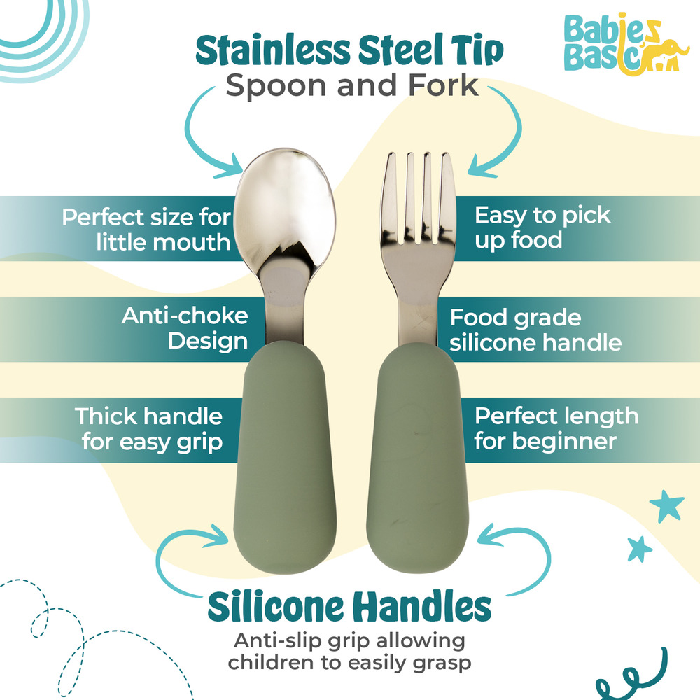 Babies Basic - Silicone plate, bowl, cup and stainless steel cutlery with case - 5Pcs- Green