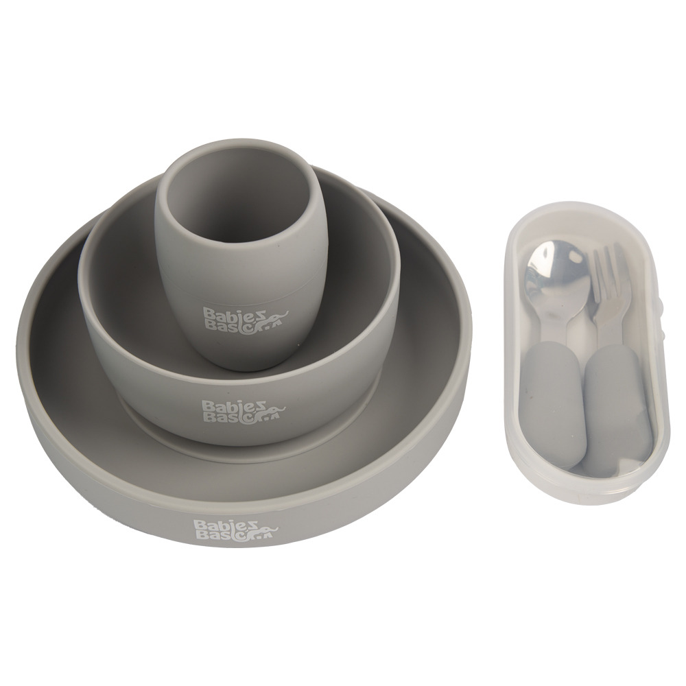 Babies Basic - Silicone plate, bowl, cup and stainless steel cutlery with case - 5Pcs- Grey