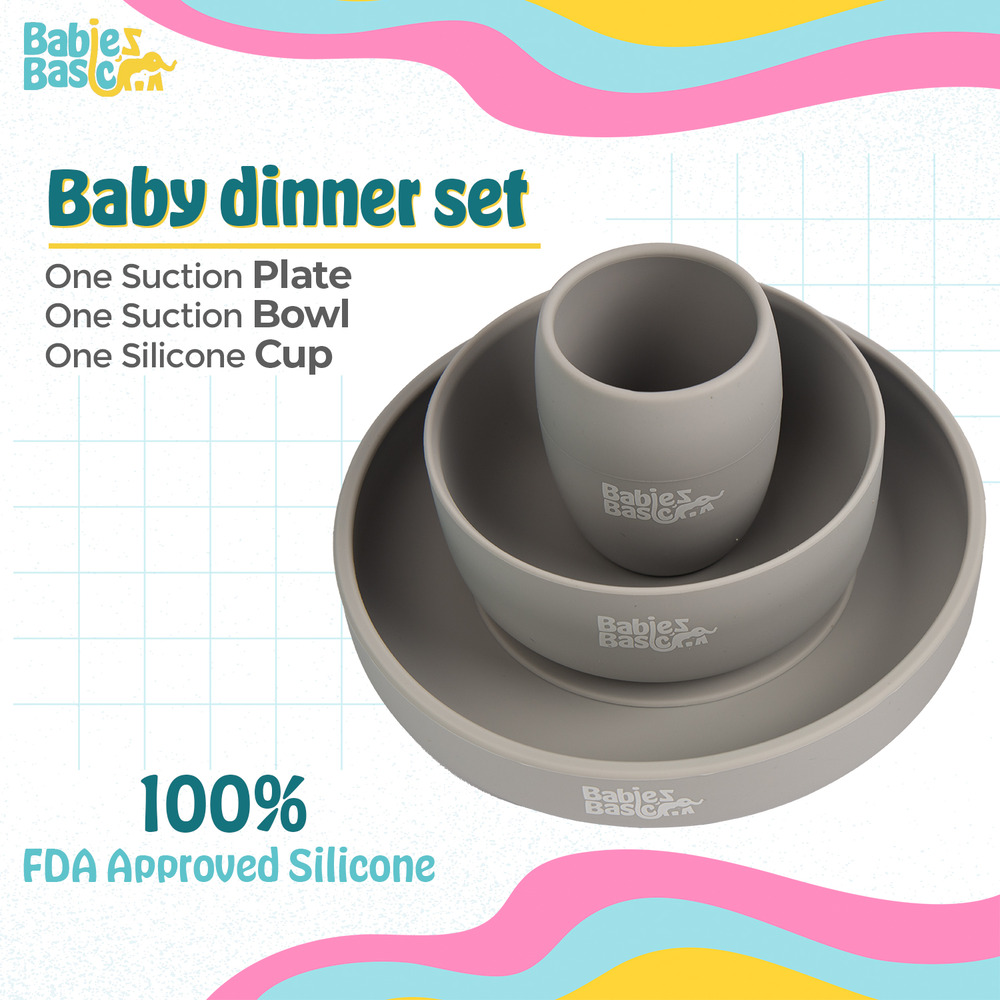 Babies Basic - Silicone plate, bowl, cup and stainless steel cutlery with case - 5Pcs- Grey