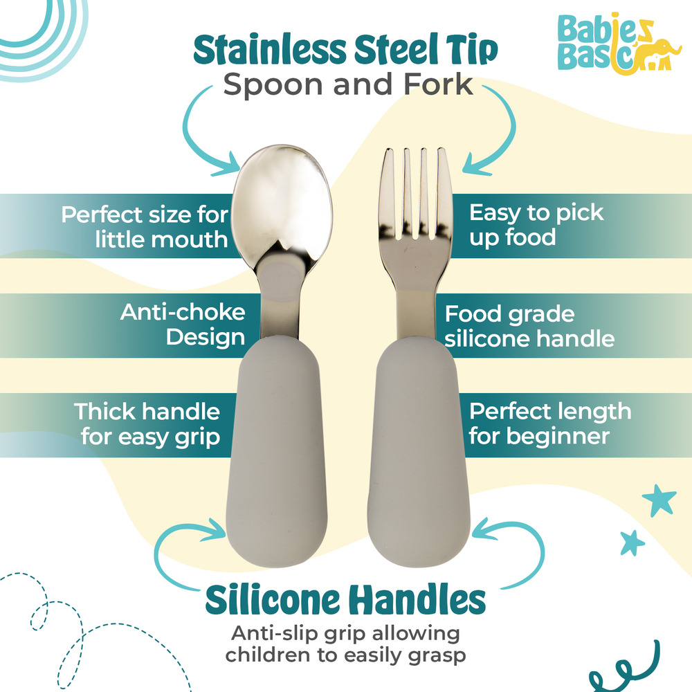 Babies Basic - Silicone plate, bowl, cup and stainless steel cutlery with case - 5Pcs- Grey