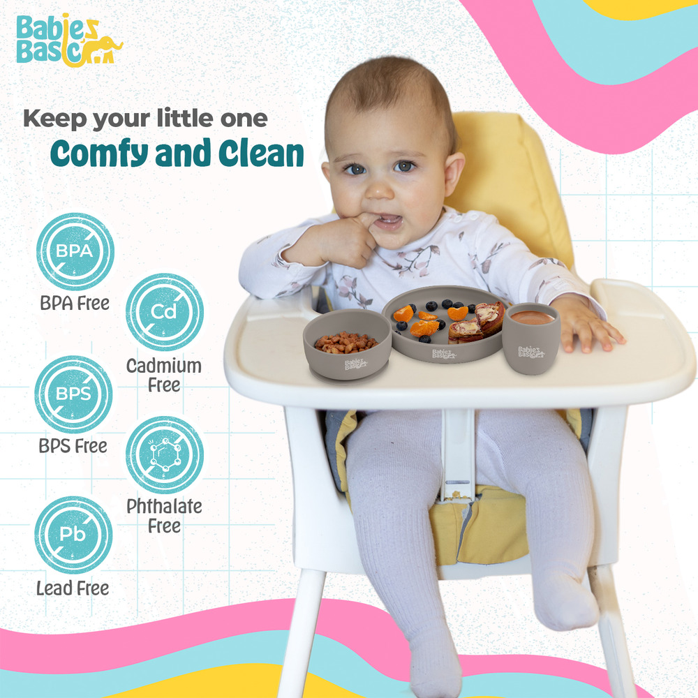 Babies Basic - Silicone plate, bowl, cup and stainless steel cutlery with case - 5Pcs- Grey