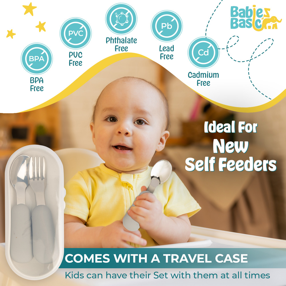 Babies Basic - Silicone plate, bowl, cup and stainless steel cutlery with case - 5Pcs- Grey