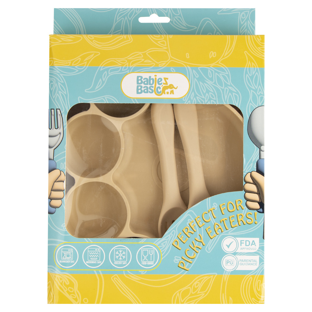 Babies Basic - Silicone Plate, Spoon and Fork Feeding Set - 3 Pcs - Beige