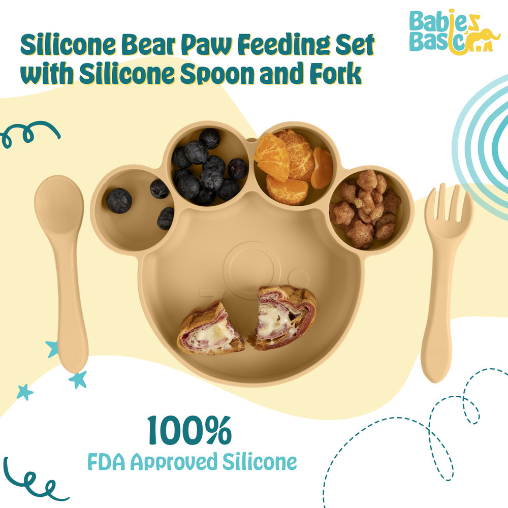Babies Basic - Silicone Plate, Spoon and Fork Feeding Set - 3 Pcs - Beige