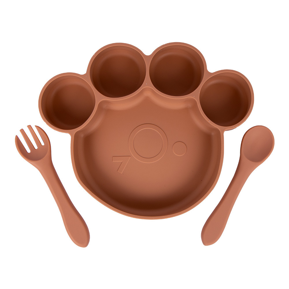 Babies Basic - Silicone Plate, Spoon and Fork Feeding Set - 3 Pcs - Brown