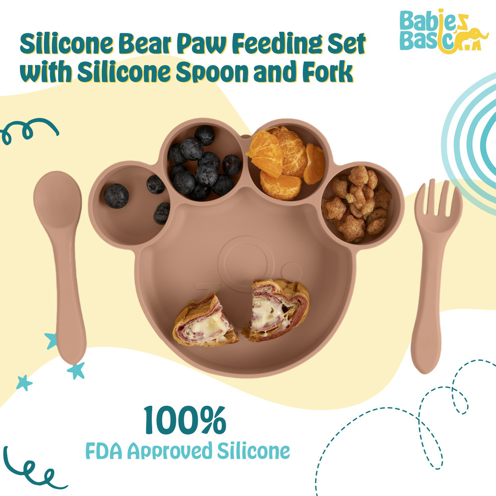 Babies Basic - Silicone Plate, Spoon and Fork Feeding Set - 3 Pcs - Brown