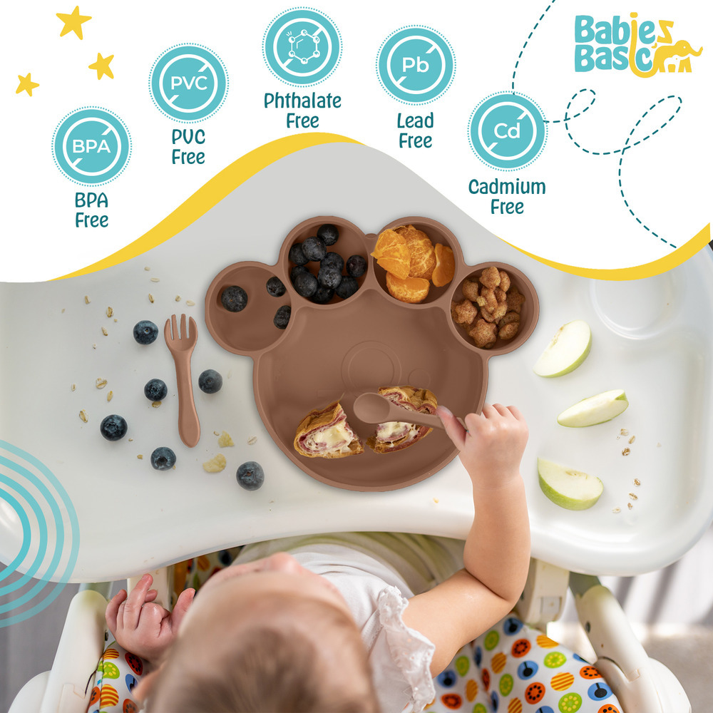 Babies Basic - Silicone Plate, Spoon and Fork Feeding Set - 3 Pcs - Brown