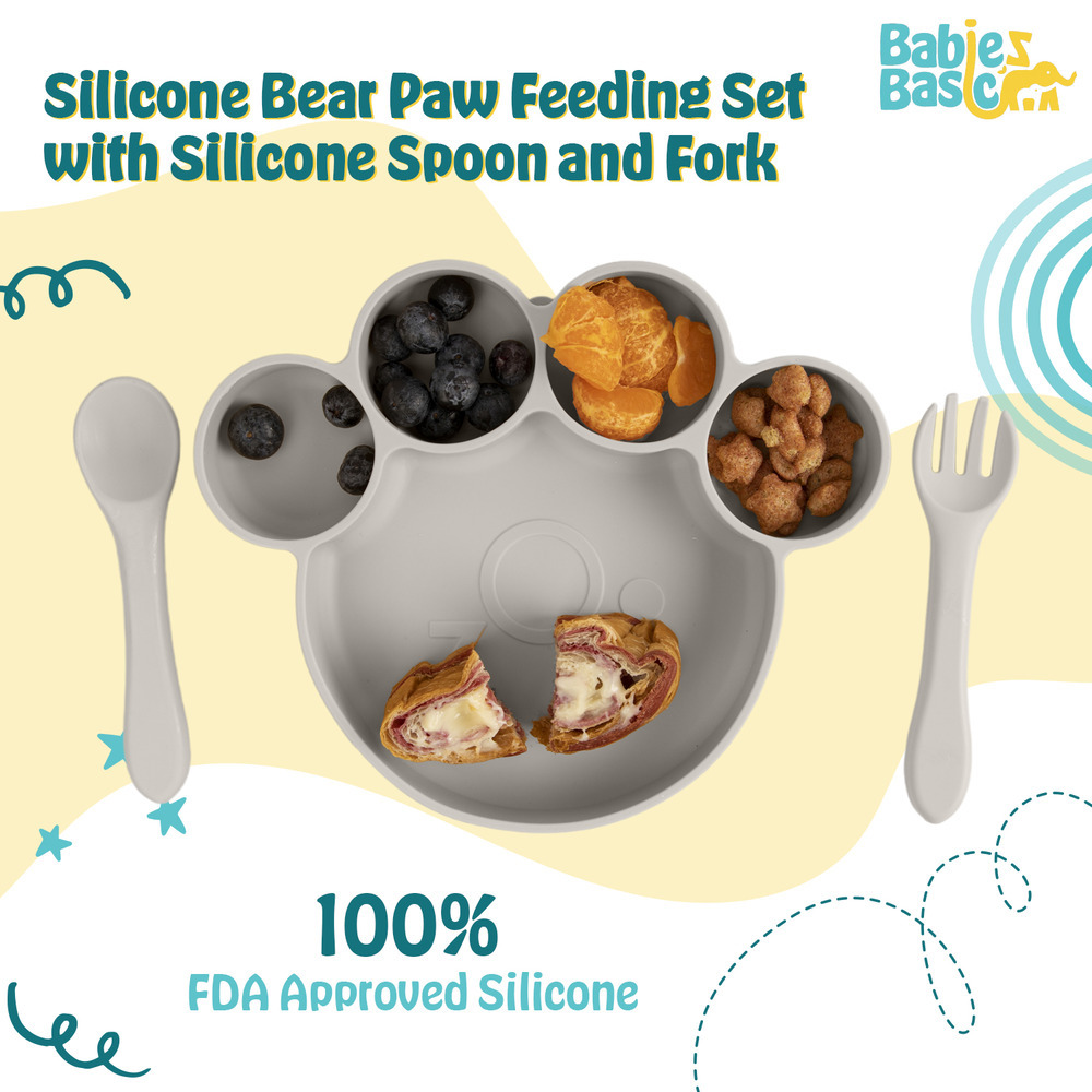 Babies Basic - Silicone Plate, Spoon and Fork Feeding Set - 3 Pcs - Grey